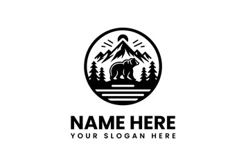 Majestic Bear Logo in Mountainous Wilderness Scene.