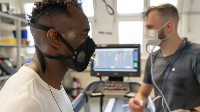 A man undergoes a fitness test with precise monitoring while wearing a mask, highlighting the intersection of health, fitness, and technology in a controlled environment.