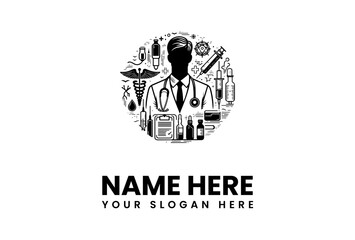 Medical Professional Silhouette Surrounded by Healthcare Symbols.