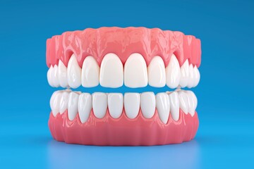 Obraz premium Complete Human Denture Model on Blue Background