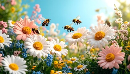 Blooming meadow with bees