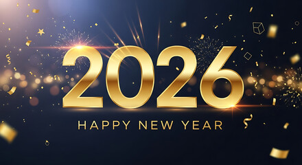 Golden 2026 New Year Celebration with Confetti and Bokeh Lights Background