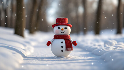 Charming little snowman wearing a red hat and scarf stands on a snowy path in a winter forest