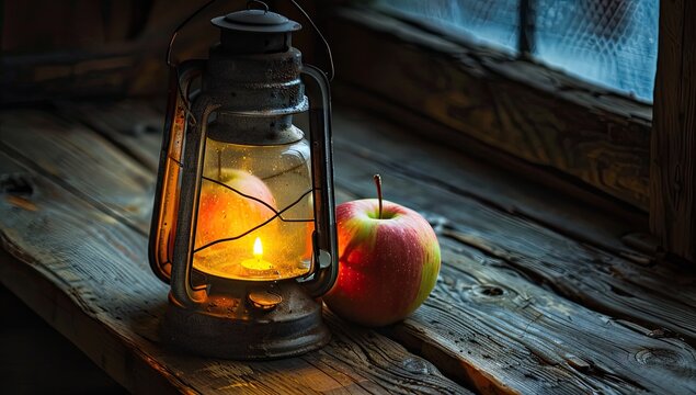 A rustic still life featuring a lit kerosene lantern with an apple inside, accompanied by another apple resting on a weathered wooden surface near a window