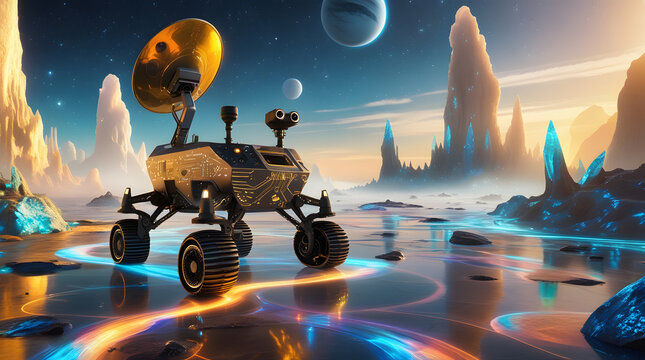High-tech space robotics illustration showing glowing rover scanning holographic extraterrestrial environment