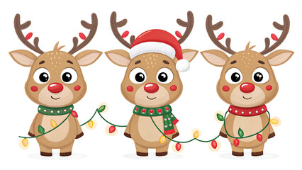 Obraz premium Three adorable cartoon reindeer wearing scarves and christmas lights for festive holiday celebrations
