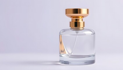 Transparent perfume spray bottle with golden cap on lavender background, Elegant stock concept for fragrance, beauty, and luxury themes