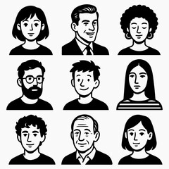 Nine Diverse Cartoon People Portraits in Black and White Line Art.