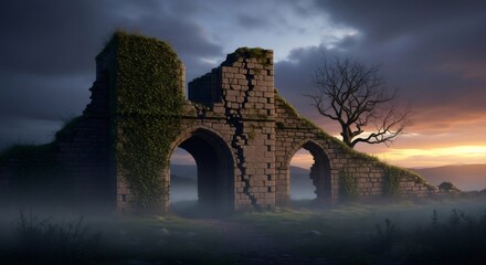 Ancient stone ruins with arches and ivy at sunset. Historic abandoned castle in fog. Medieval architecture for history and archeology.