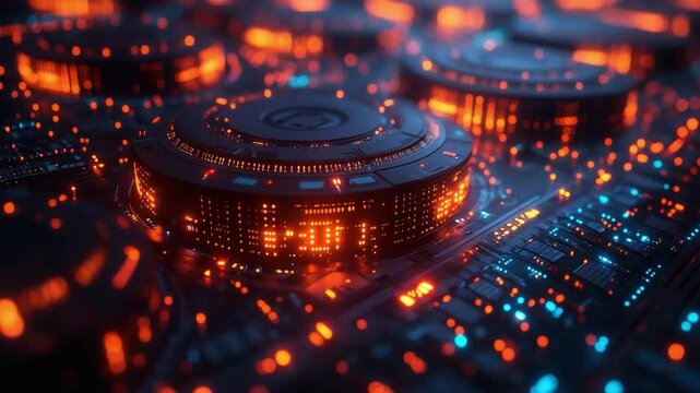 Cybernetic Core: A detailed view of intricate cybernetic cores, emitting a mesmerizing light in a futuristic setting. Capturing the cutting-edge technology and innovative design.