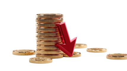 Stack of coins with red arrow isolated on transparent background