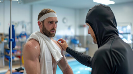 This image captures an intense moment between two athletes at a poolside, showcasing determination, support, and the spirit of competition in sports training.