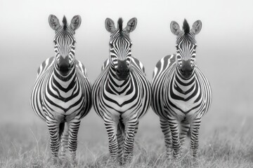 Fototapeta premium Three zebras stand in a grayscale field, their distinctive black and white stripes creating a striking visual pattern in a soft-focus environment.