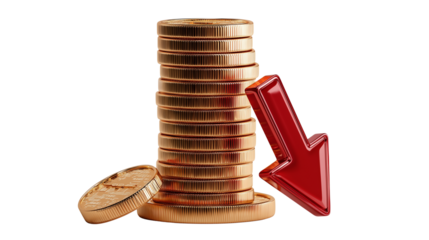 Stack of coins with red arrow isolated on transparent background