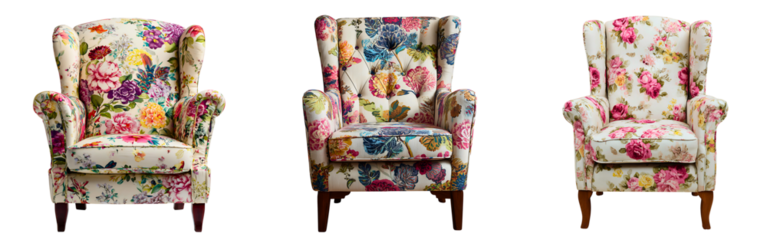Three ornate high back armchairs upholstered in a vibrant floral fabric isolated on transparent background