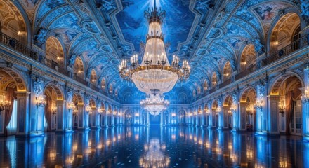 Elegant Grand Ballroom with Large Crystal Chandeliers and Ornate Gold Details Lit by Blue Lighting