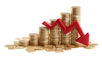 Stacks of coins with a falling red arrow isolated on transparent background