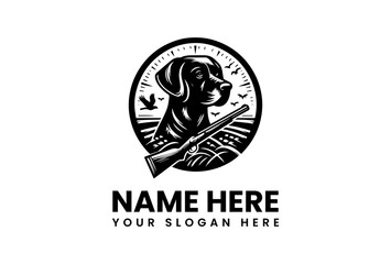 Silhouette of a Hunting Dog with a Rifle and Flying Birds in a Circle.
