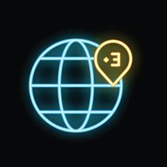 Neon sign of a world globe with a location pin stuck on it, and the letter e inside the pin