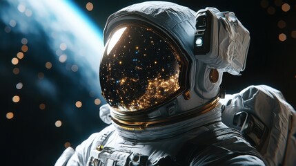 Close up of astronaut helmet reflecting city lights and stars in the visor against dark space
