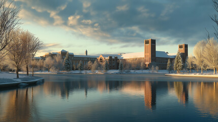 Naklejka premium Calm lake reflecting snowy campus buildings at dawn with a serene peaceful winter atmosphere and frosty landscape