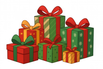 Christmas gifts illustration showing a stack of colorful present boxes with bows. Transparent background for easy layering