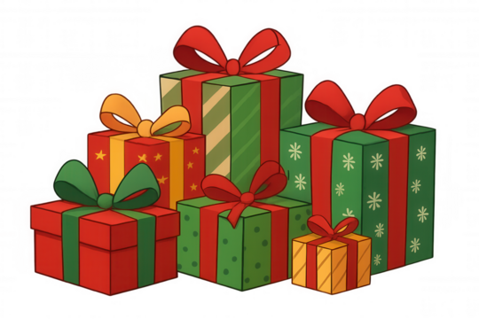 Christmas gifts illustration showing a stack of colorful present boxes with bows. Transparent background for easy layering