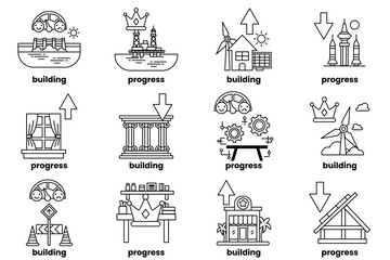 The icons include a building, a key, a coin, a ruler, a book, a house, a tree