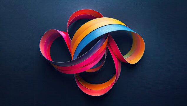 An abstract image featuring a multicolored, ribbon-like form intricately woven into a complex, flowing knot against a dark background.  