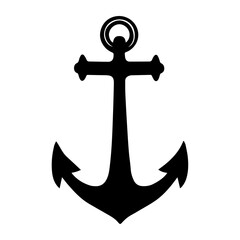 A simple black silhouette of a nautical anchor with a ring at the top on a white background image