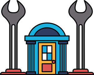 A building with a door and two pillars