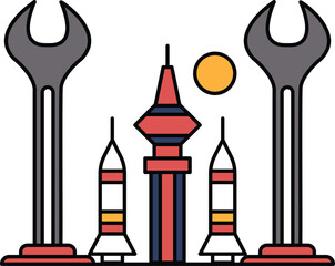 A line drawing of a wrench, a building, and a rocket