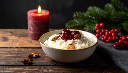 Creamy Risalamande with cherry sauce and almonds, festive holiday setting.