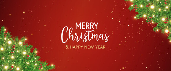 Green fir branches with glitter stars, golden light and berries frame. Merry Christmas garland border. New Year red card. Winter Holiday background. Xmas evergreen plant banner. Vector illustration