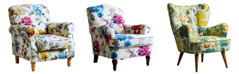 Three ornate wingback armchairs with vibrant floral upholstery arranged in a row isolated on transparent background