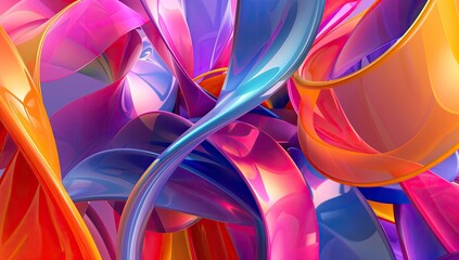 Abstract image of vibrant, glossy ribbons swirling and intertwining, creating a dynamic and colorful composition