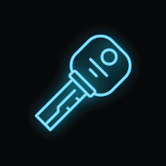 Blue neon key glowing on black background representing concepts such as security, access and technology