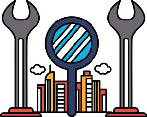 A black and white drawing of a city skyline with a wrench