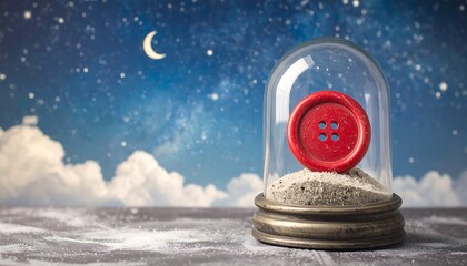 A red button in a glass dome, nestled in sand, under a night sky