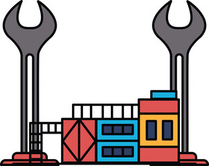 A black and white drawing of a factory with a large wrench on top of it