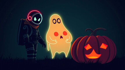 Spaceman and pumpkin on dark background. Halloween concept. Vector illustration.