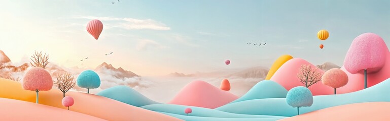 Whimsical pastel dreamscape with rolling hills and floating balloons under a soft sky