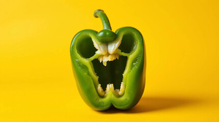 Green Bell Pepper Cut Open Resembling a Frightening Face
