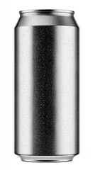 Close up of a tall, silver aluminum can covered in condensation droplets against a white background.