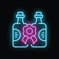 Neon sign of two bottles with a ribbon and badge glowing on a black background