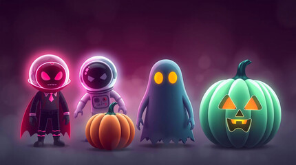 Halloween pumpkins and funny monsters in neon light. 3d rendering