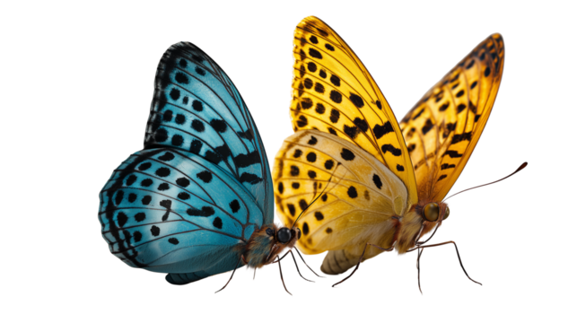 Two butterflies isolated on transparent background close up