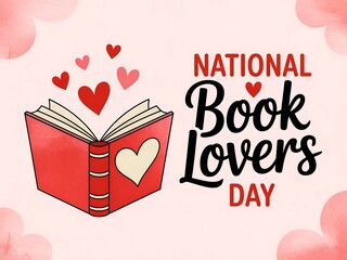 Celebrate national book lovers day with a red open book and hearts illustration