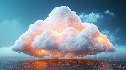 A fluffy digital cloud glowing with data and light. Abstract background representing cloud computing and storage.