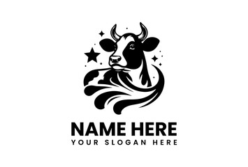 Fototapeta premium Stylized Black and White Cow with Stars and Swirling Design Elements.